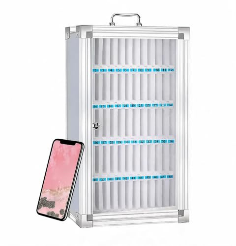 XDXINY Mobile Phone Locker 12/24/36/48/60 Slots Mobile Phone Storage Cabinet with Carry Handle, Lock, Aluminium Wall Mounted or Desktop Management Box Suitable for School, Offices (Silvery, 60 Slot)