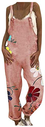 Hängselbyxor dam, boho sommar bomull linne jumpsuit retro tryck ledig overall arbetsbyxor kvinnor hög midja stretch långt ben byxkostym med stora fickor Hawaii sommarbyxor