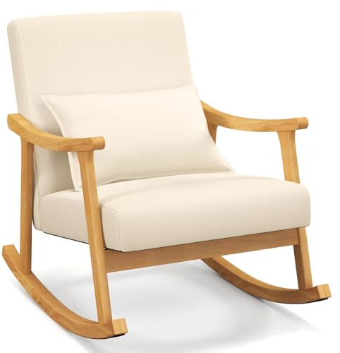 COSTWAY Mecedora Lactancia, Tapizada con Respaldo Alto y Cojín de Asiento Acolchado, Marco de Madera de Caucho, Almohada para Lumbar, Sillon para el Salón Dormitorio, 78 x 66 x 83 cm, 150kg (Beige)