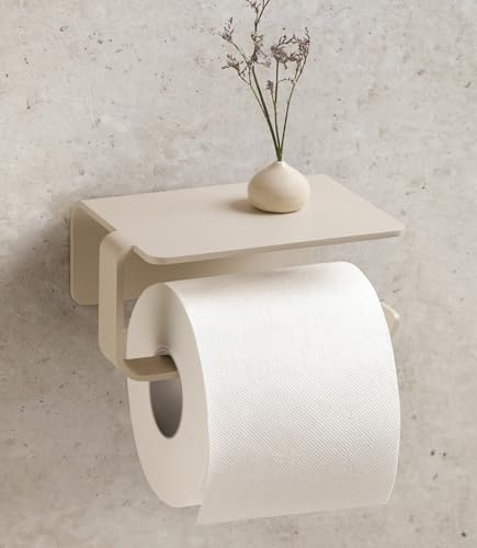 KAZAI. Porta carta igienica senza forature | Portarotolo WC adesivo con mensola | Porta rotolo da parete bagno | Supporto per carta WC in metallo | Sabbia Taupe