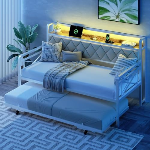 Bonnlo Daybed, Sofa Bed Double with LED and Outlet, Trundle Bed with Storage, Metal Bed Frame Fits 90 * 190 Mattress for Kids, Teens, Adults, Beige