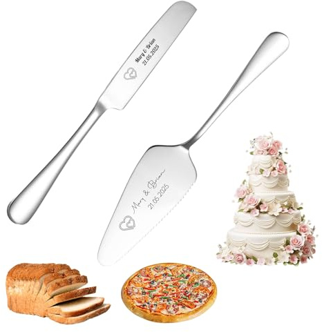 FKF Juego de Cuchillo, Servidor y Tenedor para Tarta de Boda Personalizable - Servidor de Pastel Dentado de Acero Inoxidable Personalizado - Regalos de Cumpleaños, Navidad y Boda (Corta Tartas-Plata)