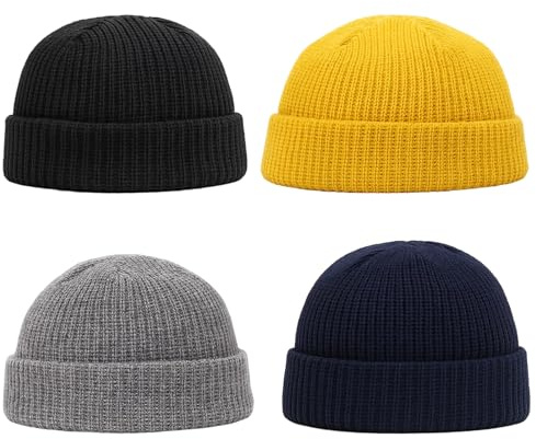 Tniytru Beanie Hat Men, Fisherman Beanie, 4-Pack Winter Hats for Men in Yellow, Black, Light Gray, Navy Blue, Soft Stretchy Material, 30 x 21 cm