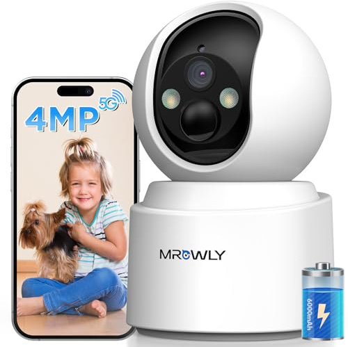 Mrowly 4MP 2.5K Telecamera WIFI Interno Senza Fili, Batteria Ultra-lunga da 6000 mAh, Rotazione a 360°,Allarme Con Rilevamento del Movimento, Visione Notturna, Audio Bidirezionale, 2.4/5GHz WiFi