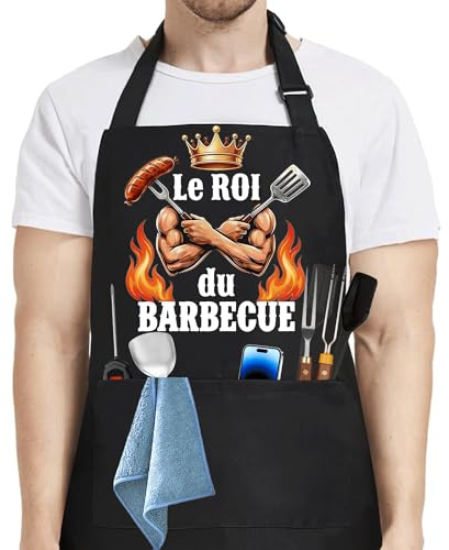 Dreaku Tablier Barbecue Homme, Tablier Cuisine Homme, Noir Réglable Tablier Cuisine Homme BBQ Humour Tablier Personnalisé pour Barbecue Fête, Fête des Pères, Anniversaire, Noël Cadeau