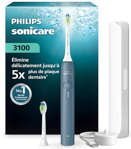 Cepillo Philips Sonicare Serie 3100 - Cepillo dental sónico con sensor de presión, 3 niveles de intensidad, EasyStart, SmarTimer, autonomía de 14 días, estuche, azul marino, HX4034/24, [Nuevo]