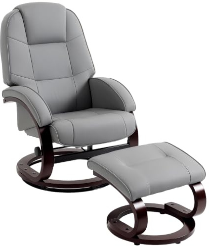 HOMCOM Swivel Recliner Chair with Footstool PU Leather High Back Grey | Recliner Armchair, Wood Frame, Padded Armrests, Living Room