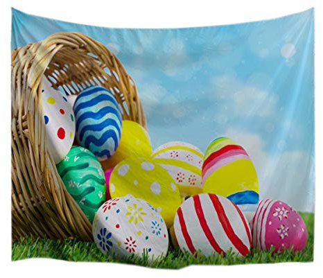 A.Monamour Coloré Oeufs De Pâques Peints Dans Le Panier Sur L'Herbe Verte Pelouse Ciel Bleu Vacances Thème Impression Décoration Murale Tapisserie Murale Pour Enfants Garçon Garçon Chambre 153X130Cm