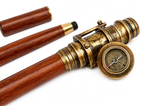 Nautical Replica Hub Bastón de caminar plegable de madera con telescopio y brújula de latón ocultos en el mango