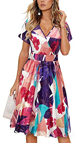 VOTEPRETTY Damas Vestido de Verano Manga Corta Cuello en V Vestido Envolvente Vestido a la Rodilla con Bolsillos