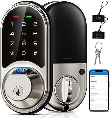 Veise RZ07 Fingerprint Smart Lock, 7-in-1 Smart Locks for Front Door, Keyless Entry Door Lock with App Control, Biometric Electronic Touchscreen Keypad Deadbolt, Satin Nickel