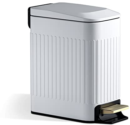 Small Bathroom Trash Can with Lid Soft Close-6L/1.6 Gal Slim Step Garbage Can-Metal Pedal Wastebasket-Narrow Rectangle Garbage Container Bin for Corner Office, Bedroom, Toilet, Live Room-White