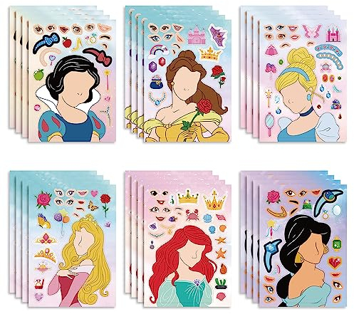 24 PCS Princess DIY Stickers Gift Set for Kids, Princess Theme Make a Face Art Craft Birthday Party Decorations, Make Your Own Sticker for Party Goodie Bags, Princess Party Supplies Party Favours