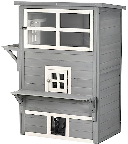 PawHut Caseta para Gatos de Madera 98x68,5x122 cm Casa para Gatos Grande de 3 Niveles con 5 Puertas y 2 Plataformas para Terraza Balcón Jardín Gris