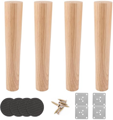 AKOLAFE Patas de Madera de Roble para Muebles, 25 cm, Robustas y Redondas Con Placas de Montaje y Tornillos para Sofá, Cama, Armario