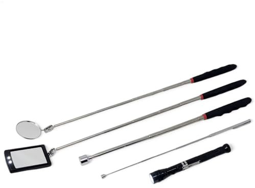 COM-FOUR® 5-delat inspektionsset - inspektionsspegel med och utan LED, magnetteleskop och 360° ficklampa för inspektion av fordon - verktyg för verkstad och hushåll