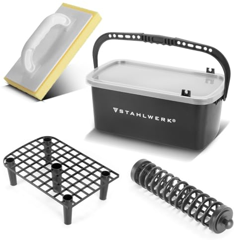STAHLWERK Kit de lavage professionnel pour carrelage - 4 pièces - Avec seau de 12 litres - Planche à laver les carreaux - Planche à râper - Nettoyage des carreaux parfaits