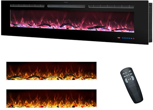 Rodalflame 152cm Chimenea eléctrica, Chimenea empotrable y de Pared para Interiores con Mando a Distancia, 13 Colores de Llama con Tronco y Cristal, Temporizador 9H
