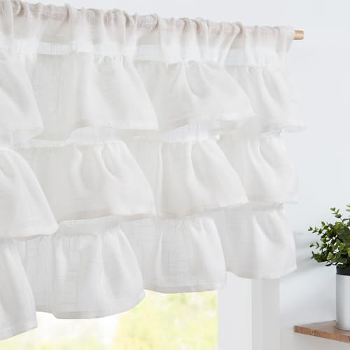 TOPICK Diskgardiner för kök med volanger vitt linne, bistrogardin för små fönster, kort butik, ryskade, köksgardiner, lantlig stil, halvtransparenta gardiner, kort, bondgård, 125 B x 45 H (cm)