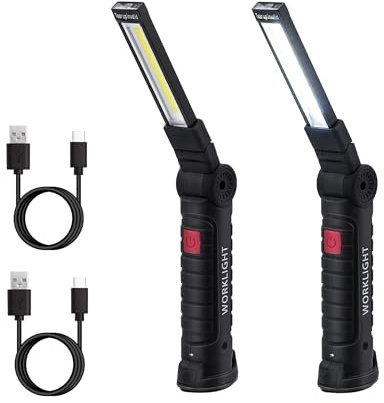 Tolesum 2 Stück LED Typ C Arbeitsleuchte Werkstattlampe,Taschenlampe Werkstatt Handlampe, Magnettaschenlampen Led COB Wiederaufladbare mit Haken für Auto Reparatur,Werkstatt,Notfall,Camping