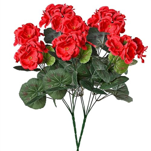 MUMQAQ 2 st konstgjorda pelargonblommor för utomhus silke pelargon blommor utomhus röd pelargon buske fuskblommor pelargon falska blommor för hem kök bord bordsuppsatser dekor