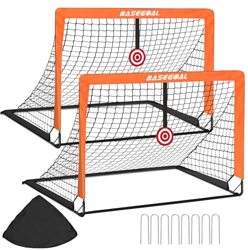 BaseGoal Porta da Calcio, Set di 2 Porta Pop-up, con Porta, Bullseye Sospeso e Borsa, Rete da Calcio per Esterni, Giardino e Gioco per Interni (120x90x90cm)
