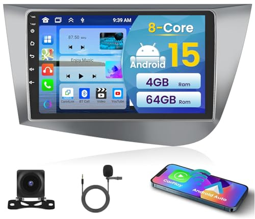 [8Core 4+64GB Android 15] Inefala Radio Coche para Seat Leon MK2 2005-2012, Wireless Carplay Android Auto, 9 Pantalla Radio Bluetooth con GPS WiFi DSP FM/RDS 32EQ 59UI Cámara Trasera Mic