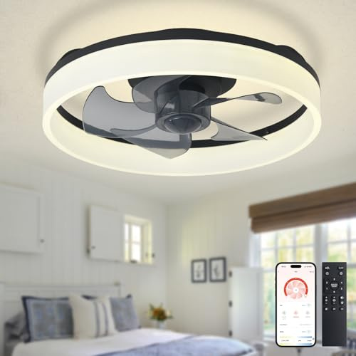 Depuley LED Ceiling Fan with Light: 16 Modern Low Profile Flush Mount Fandelier with App & Remote Control - Dimmable Black Bladeless Fan Light Fixture for Bedroom Kids Room Living Room