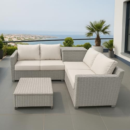CONCEPT USINE | Salon de Jardin 4 Places ABACOS en Résine Tressée Gris | 2 Canapés + Coffre Latéral + Table Basse | Coussins Beige Confortables | Structure Acier | Design Élégant pour Terrasse