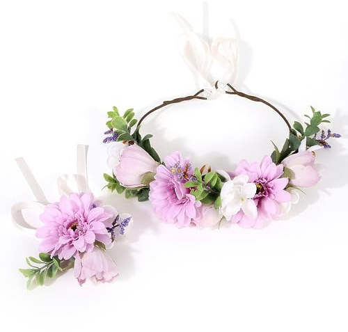LIULINY 2 Piezas Diadema de Corona de Flor, Corona Floral Ajustable Diadema, Tiara Flores con Flor de Muñeca, Boda Tiara Floral, Guirnalda Tocado Flores para Fiestas Bodas Playa Fotografía (Púrpura)