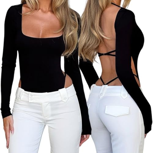 AOWVUTS Body Femme Manches Longues Sexy à Col Carré Dos Nu Bodysuit Top Stretch Slim Fit Chic Body String Élégante Couleur Unie Combinaison Casual Jumpsuit Party Clubwear Automne Hiver