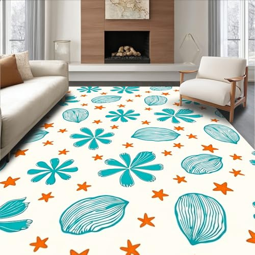 Design&I Low Pile Flatwoven Area Rug 2x3, Waves Punch Needle with Shells and Starfish Motifs, Machine Washable, Stain Resistant Indoor Rug for Living Room, Bedroom, Non Slip(Blue, 2x3)