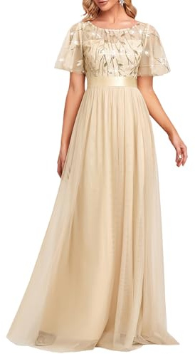 Ever-Pretty Robe de Bal Col Rond Manches Courtes Taille Empire A-Line Tulle Longue Femme Or 46
