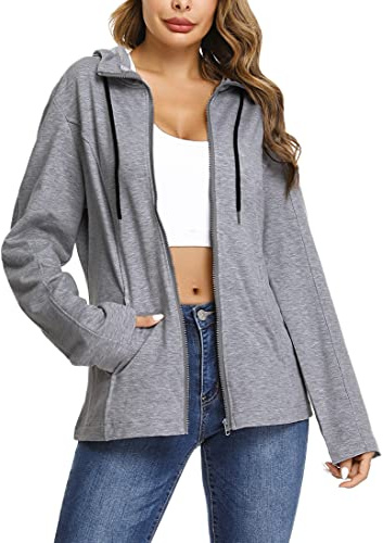 Aottori Felpa Donna con Cappuccio e Zip Giacca Sportiva Manica Lunga Hoodie Cotone Leggero Sweatshirt Aperto con Tasche Felpe Casual Primavera Autunno Grigio Scuro S