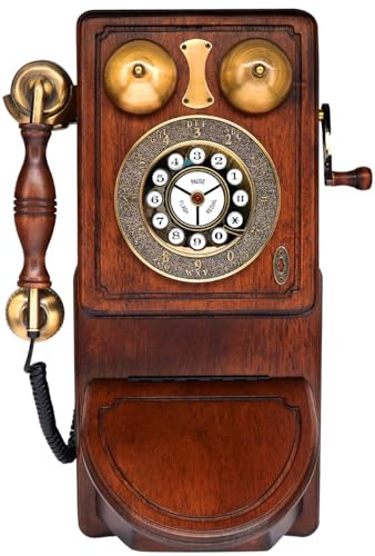Pyle Vintage Classic Wall-Mount Corded Phone – Retro Design with Crank Handle, Tone/Pulse Switch, Redial Function, Handcrafted Wood & Veneer, Antique Landline Telephone