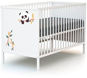 WEBABY - Lit bébé 60x120 Panda Blanc ALBA| 124 x 64,5 x 82 cm | Lit barreaux bois 100% hêtre massif | Sommier réglable 3 hauteurs