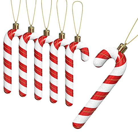 Weihnachten Deko, 6 Stück Zuckerstangen Weihnachtsbaum Glitzer Anhänger, Christbaumschmuck Hängende Weihnachtsdeko für Weihnachtsdekoration (Rot & Weiß)