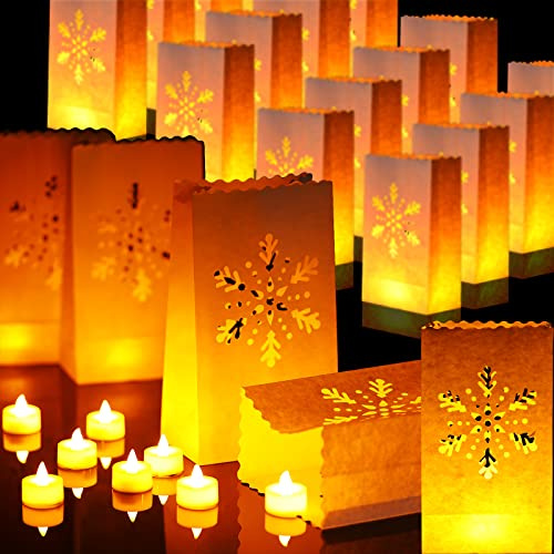 Crtiin 50 Sets Luminaries Bag with Candles Include 50 Flameless LED Tea Lights LED Candles and 50 Luminary Bags for Christmas Thanksgiving Halloween Wedding Festival Party (Snowflake)
