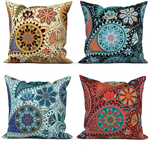 ASDCXZ Boho örngott 50 x 50 cm set om 4, boho Datura blomma textur mönster beige blå soffa dekorativa kuddar örngott tvättbar polyester lin textil stoppning örngott