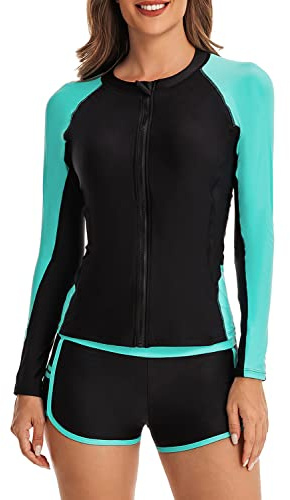 QTUN Surfanzug Damen Zweiteilig Badeanzug Rash Guard UV Schutz Langarm Badeshirt mit Badeshorts Sportlich Bademode Strandkleidung