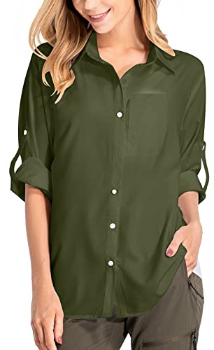 yeyity Camicia da donna con protezione UV, a maniche lunghe, ad asciugatura rapida, per escursioni, per vacanze in spiaggia, elegante, Amy verde 01, M