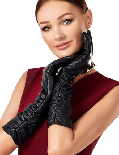 VIKIDEER Luxury Long Leather Gloves Women Plush Lined Touchscreen Warm Soft for Evening Opera or Daily 15.7'' Black Medium