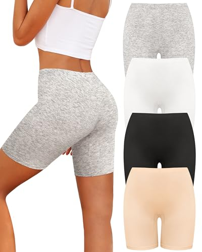 VOENXE Radlerhose Damen Kurz, Baumwolle Boxershorts Panties,Anti Scheuern Boyshorts Sporthose Leggings Frauen,Radler Sport Shorts Bauchweg Blickdicht Hotpant Yoga,Unterhosen Unter Kleid,4 Pack
