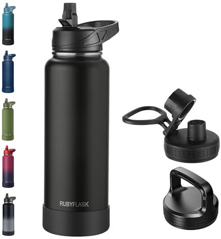 RUBYFLASK 40oz Insulated Water Bottle with Straw, Stainless Steel Metal Vacuum Water Flask, Large Thermal Water bottle with Leakproof 3 Lids for Travel, Camping, Gym Sports Black