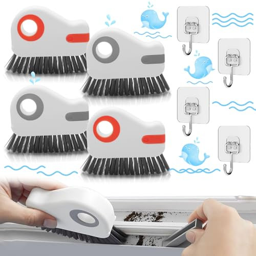 4 Stück 2-in-1-Rillenreinigungsbürste mit Verstecktem Schaber,Multifunktions Fugenreinigungsbürste,Hartborsten Ecken Reinigungsbürste,Fugenreiniger Griffbürste für Fenster Küchen Badezimmer