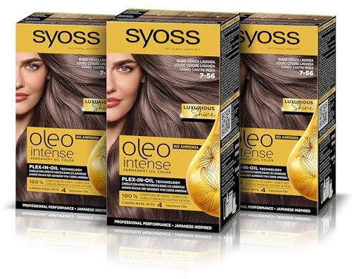 Syoss Oleo Intense - Tinte 7-56 Rubio Ceniza Lavanda – Coloración permanente Sin Amoníaco – Cobertura profesional de canas – Resultados de peluquería