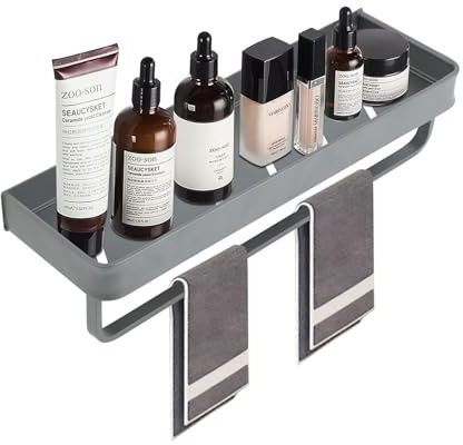 Lrocotanc Mensola Doccia in Acciaio Inox - Accessorio Mensola Bagno - Portasapone Doccia - Porta Bagnoschiuma e Shampoo per Doccia - Organizer Doccia - Con Porta Asciugamani, 5 Ganci (Grigio)