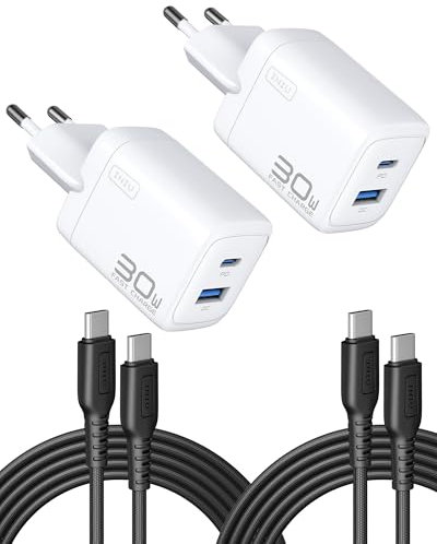 INIU 30W USB C Ladegerät 2-Pack, [USB-C + USB-A] Netzteil Mehrfach mit USB-C Kabel, PD 3.0 Schnellladegerät Stecker, USB C Adapter für iPhone 16 15 Pro Max, iPad Pro, Samsung S24 Ultra, Handy usw