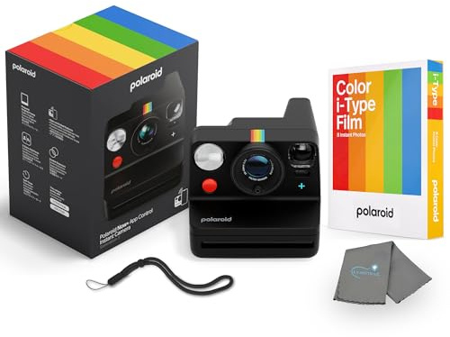 Polaroid Now+ - Cámara instantánea i-Type de 3ª generación + paquete de 8 películas de color i-Type, controlada por aplicación conectada por Bluetooth, negro, paquete de cámara Polaroid con un paño de