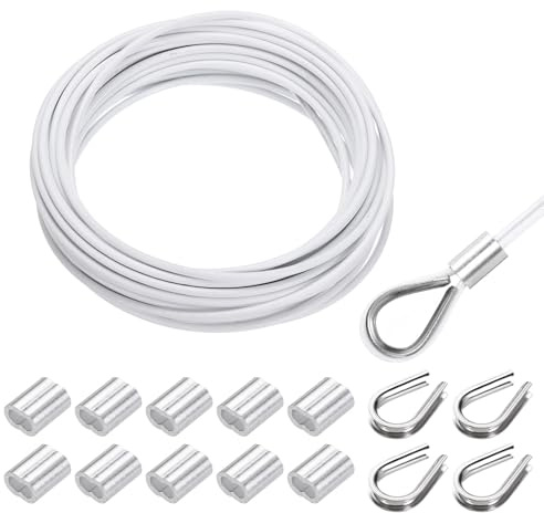 Kvartsman vajer rostfritt stål 10 m x 3 mm stålvajer PVC-täckt med 10 aluminiumhylsor och 4 fingerborgar, säkerhetstråd upphängningstråd tvättlina för bilder växter staket gardiner, vit